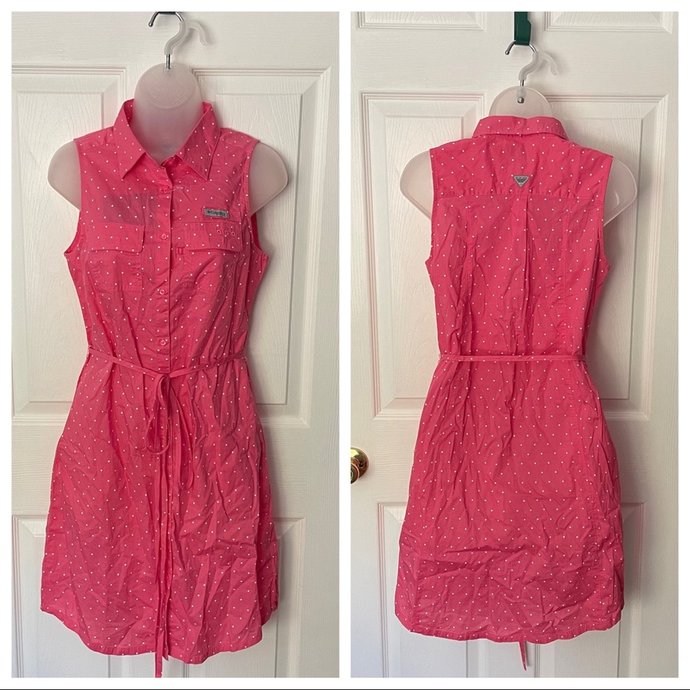 Columbia PFG bonehead Button Front Dress Pink with white dots